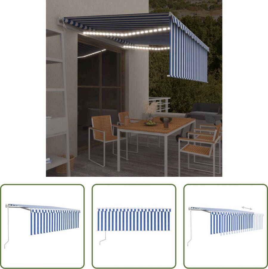 The Living Store Luifel met rolgordijn- LED en windsensor 4-5x3 m blauw en wit Vensterzonwering