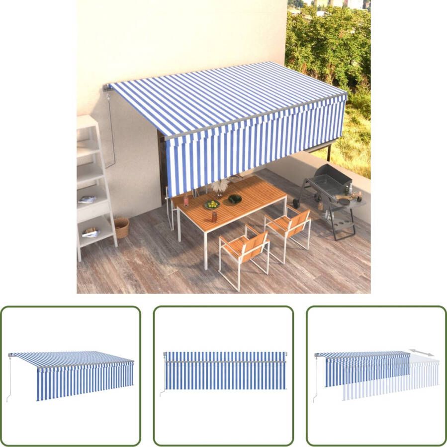 The Living Store Uitschuifbare Luifel Blauw en Wit 5 x 3 m Aluminium Frame Polyesterstof met PU-coating