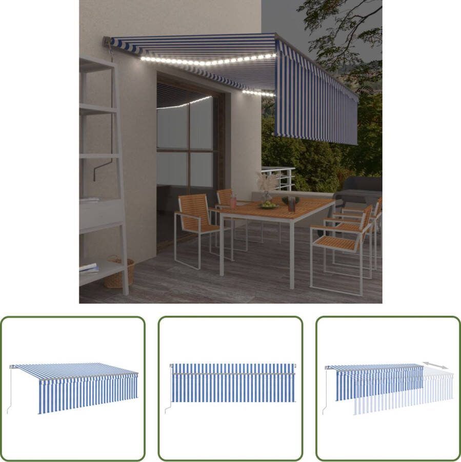 The Living Store Uitschuifbare Luifel Blauw en wit 5 x 3m Met Solar LEDs Montage vereist