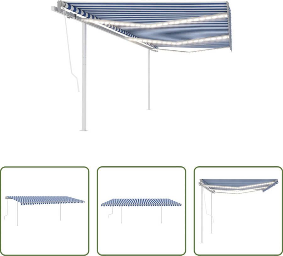The Living Store Uitschuifbare Luifel Blauw en Wit 600 x 350 cm Solar LED Montage vereist