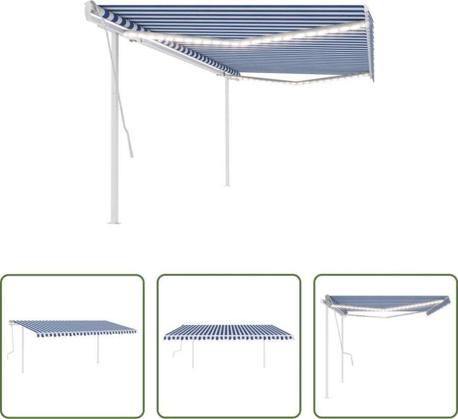 The Living Store Uitschuifbare Luifel Buitenluifel 500 x 300 cm Blauw en wit Gepoedercoat aluminium frame Sterke ijzeren palen UV- en waterbestendig Inclusief solar LEDs Montage vereist