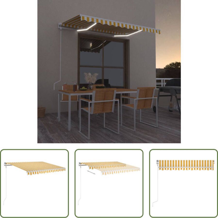 The Living Store Uitschuifbare Luifel Geel en wit 300 x 250 cm LED-verlichting