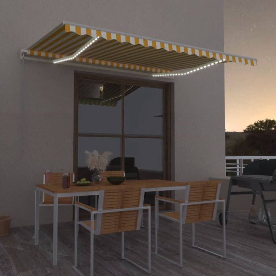 The Living Store Uitschuifbare Luifel Geel en Wit 400 x 300 cm Solar LEDs Aluminium Frame Polyesterstof