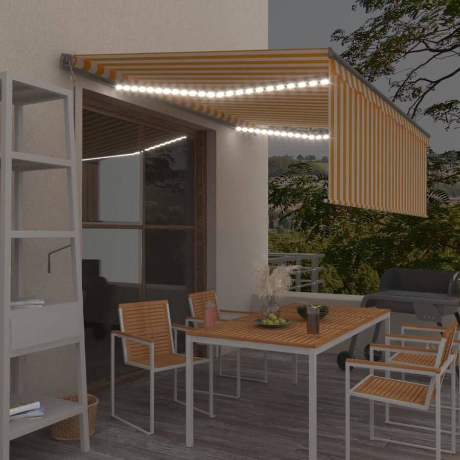 The Living Store Uitschuifbare Luifel Geel Wit 4.5 x 3 m Met LED Verlichting