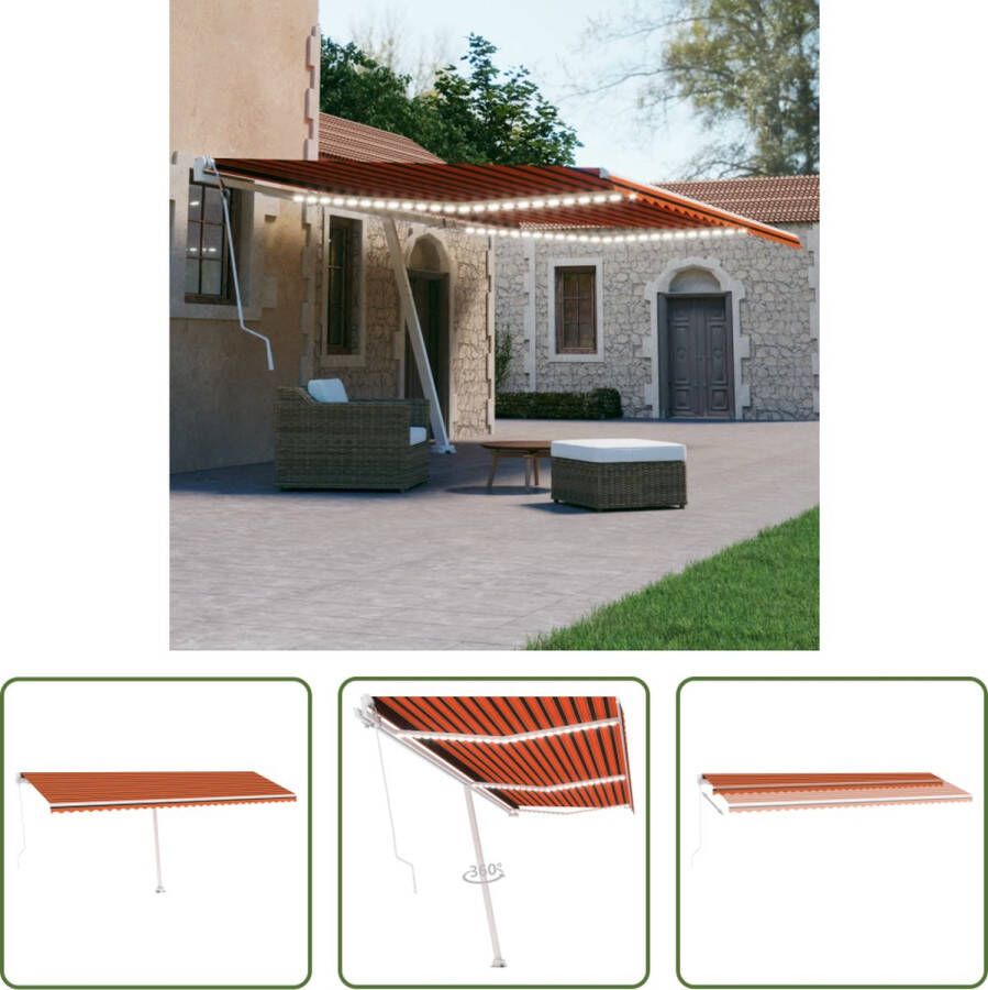 The Living Store Uitschuifbare Luifel Polyester 600 x 300 cm Verstelbaar Solar LED Oranje Bruin