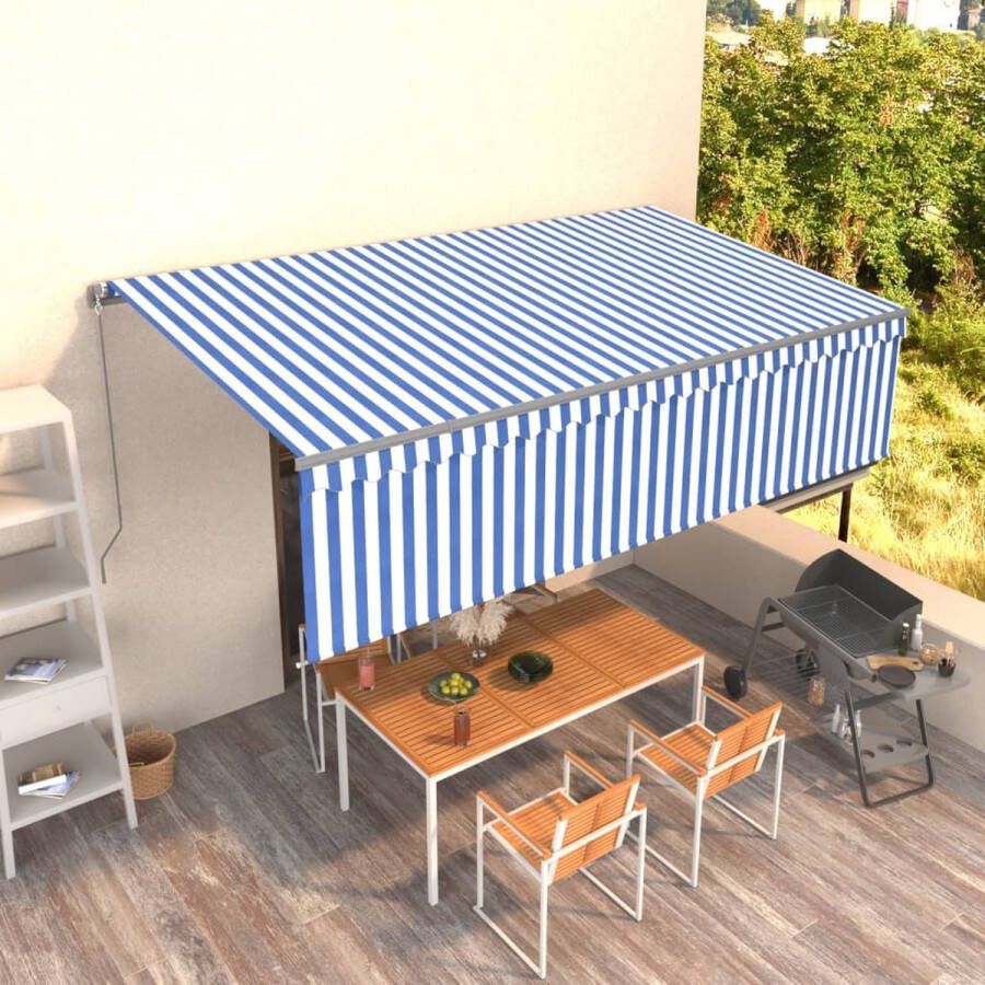 The Living Store Uitschuifbare Luifel Polyester Blauw en Wit 5 x 3 m Inclusief Rolgordijn