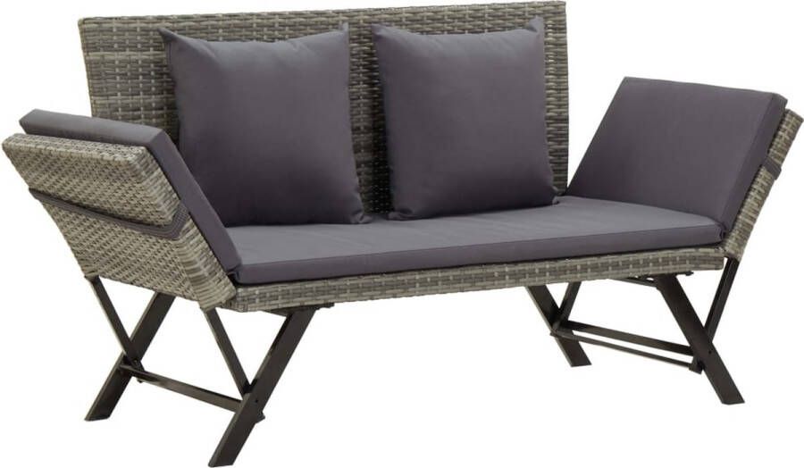 The Living Store Verstelbaar Ligbed Tuinbank Grijs Rattan 130-176x70x80 cm 2-in-1 Wasbare Kussenhoezen Inclusief Kussens