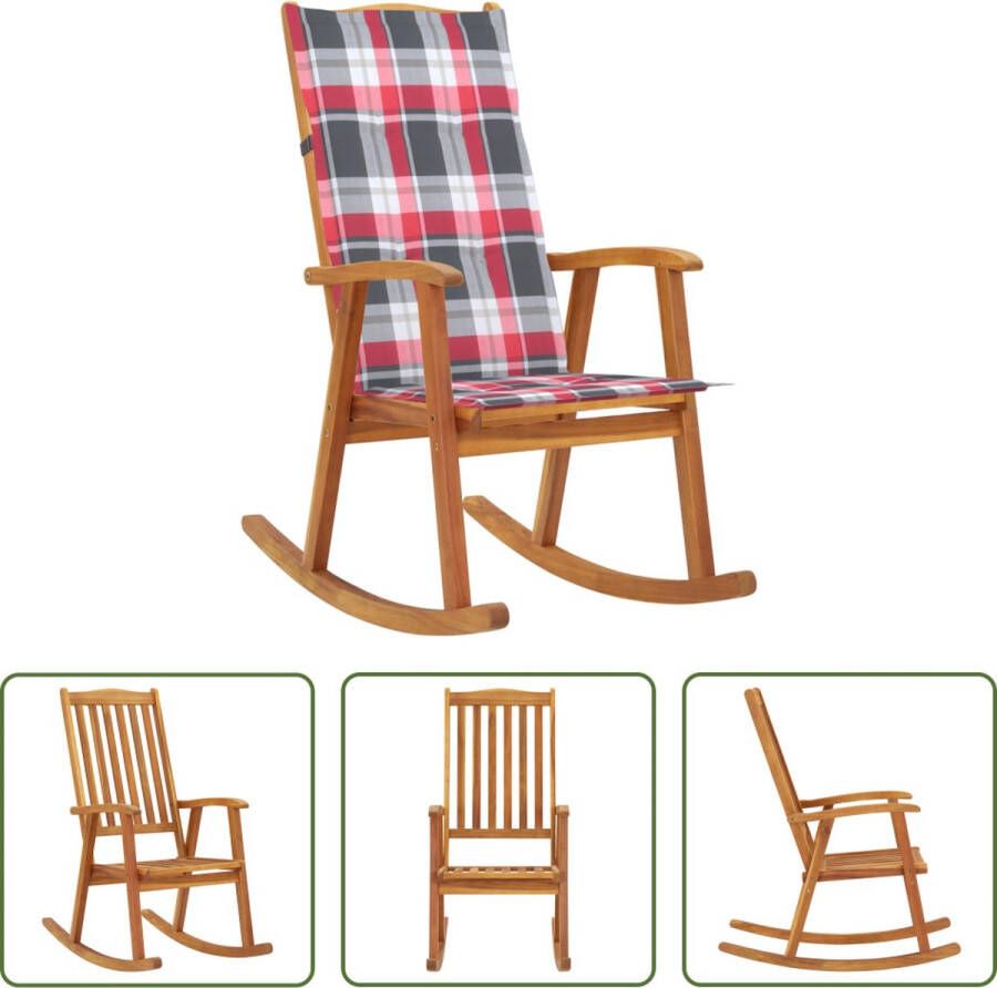 The Living Store Vintage Houten Schommelstoel Massief Acaciahout Waterdicht Kussen Rood Ruitpatroon 57x100x117 cm