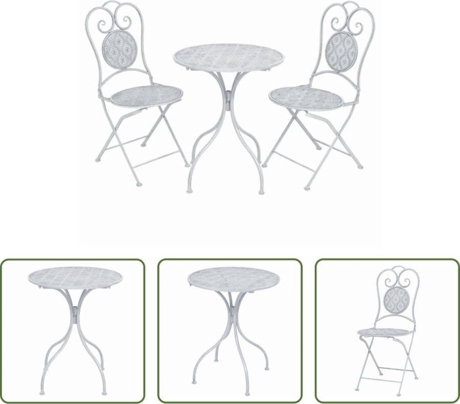 The Living Store Vintage-stijl bistroset Tafel 60x72 cm Stoel 40x53x94 cm Gepoedercoat staal Handgeschilderde details Grijs-wit