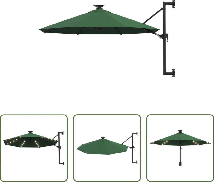 The Living Store Wandparasol Groen 300 x 131 cm UV-beschermend Gemakkelijk schoon te maken Kantelbaar Stabiel Met zwengelsysteem 8 baleinen 28 LED-lampjes