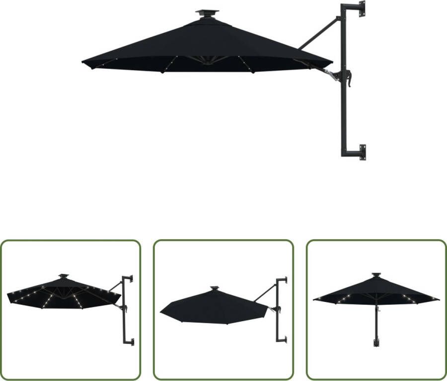 The Living Store Wandparasol UV-beschermend Polyester 300 x 131 cm Zwart Met zwengelsysteem 8 baleinen 28 LED-lampjes Montage vereist