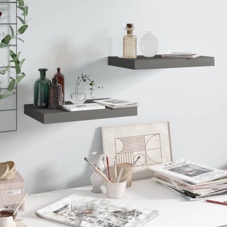 The Living Store Wandplanken Set van 2 Hoogglans grijs 40 x 23 x 3.8 cm Honingraat MDF metaal