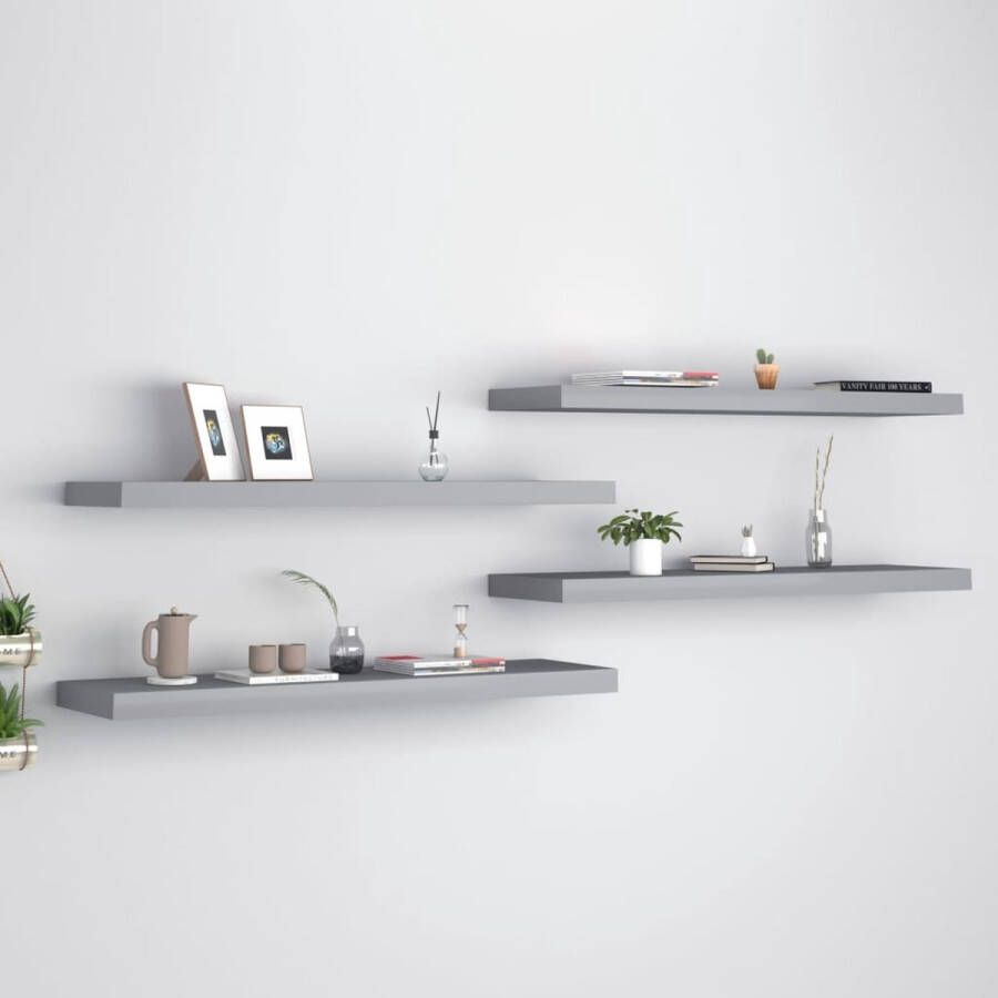 The Living Store Wandplanken Trendy Set van 4 90 x 23.5 x 3.8 cm Ken- Onzichtbaar montagesysteem Grijs Materiaal- Honingraat MDF en metaal