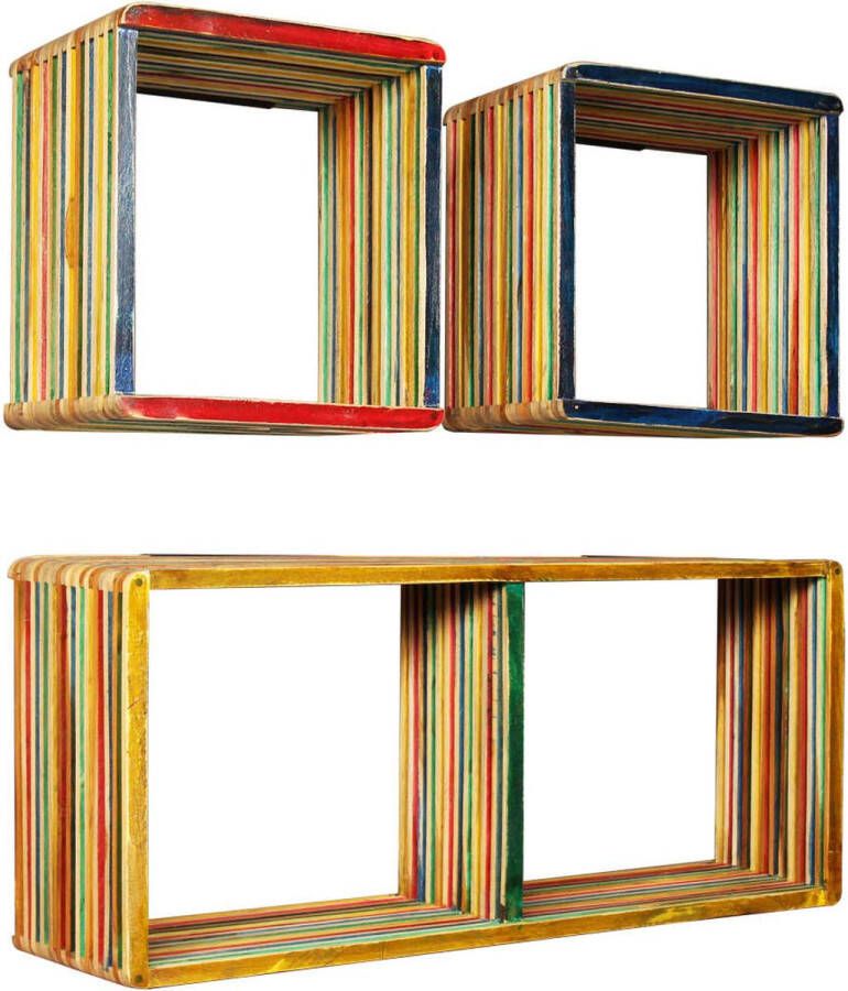 The Living Store Wandplankenset Gerecycled teakhout Meerkleurig 81 x 22 x 41 cm en 31 x 22 x 31 cm Inclusief 3 schappen en 3 montagebeugels