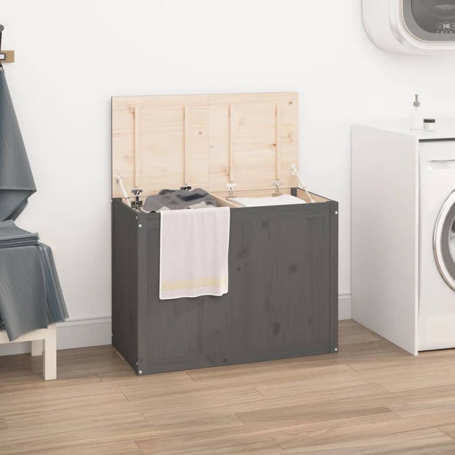 The Living Store Wasmand Houten Grijs 88.5 x 44 x 66 cm Massief grenenhout Opbergruimte Hydraulische gaslift