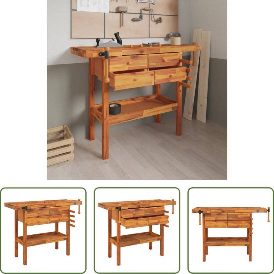 The Living Store Werkbank Houten Massief Acaciahout 116-124 x 44-52 x 83 cm Met 4 opberglades en 1 schap