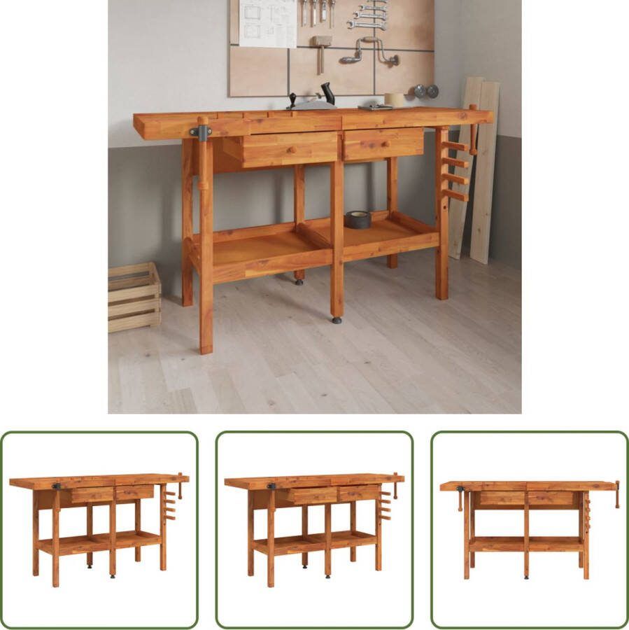 The Living Store Werkbank massief acaciahout Afmetingen (154-162) x (54 x 62) x 83 cm Inclusief bankschroeven en opbergruimte