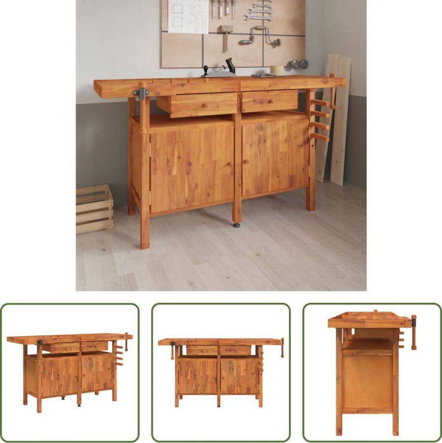 The Living Store Werkbank Massief acaciahout Met opbergruimte Stabiel werkblad Wandmontage vereist Kleurvariatie Montagehandleiding Afmetingen- (154-162)x(54x62)x83cm (LxBxH)