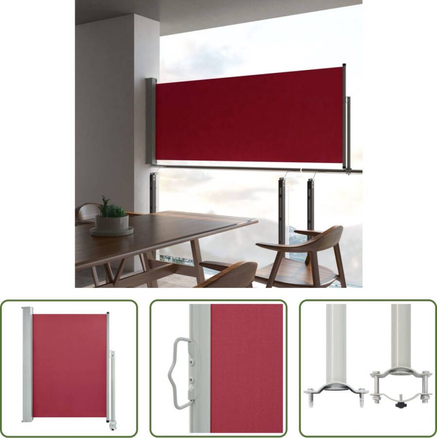 The Living Store Zijscherm 100 x 0-300 cm UV-bestendig polyester Automatische terugrolfunctie Rood scherm en grijze standaard