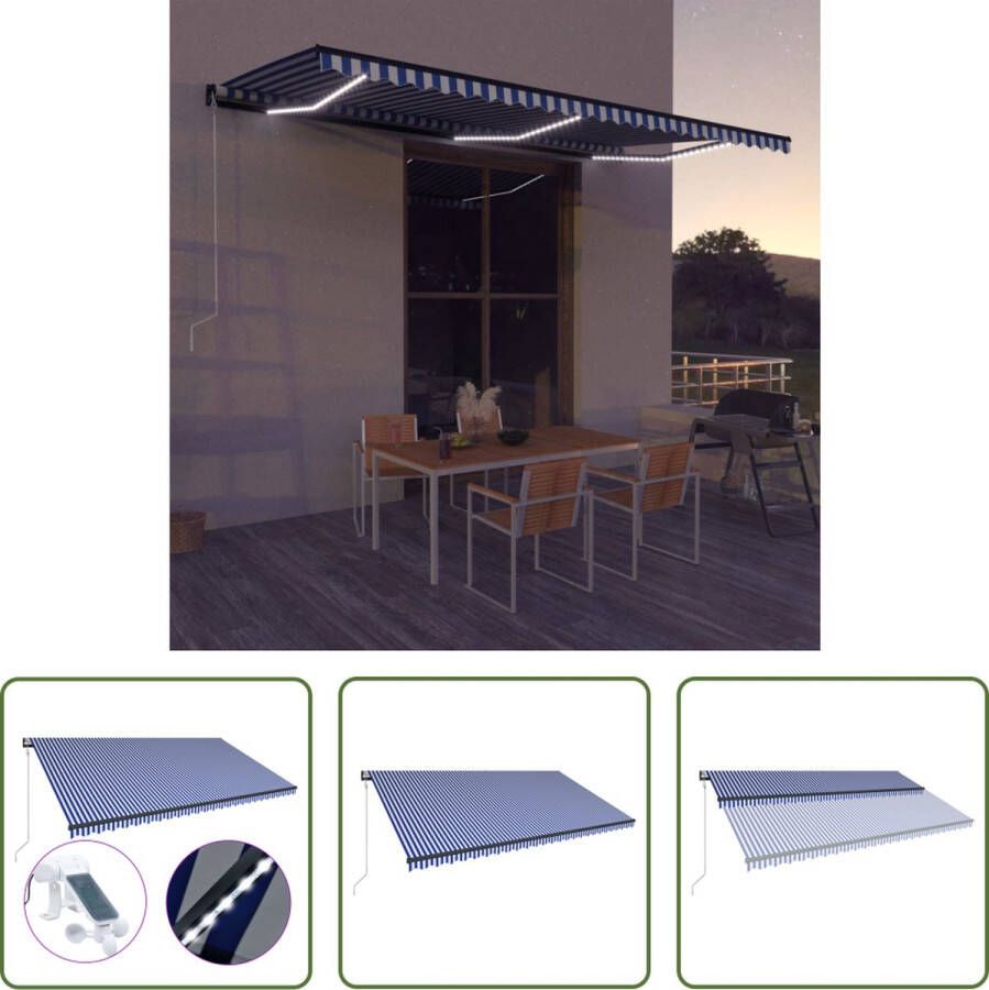 The Living Store zonnescherm uittrekbaar 600 x 300 cm waterdicht lichtgewicht met windsensor blauw wit grijs