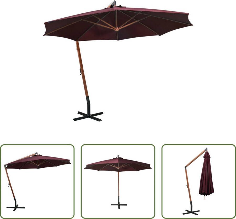 The Living Store Zweefparasol Bordeauxrood 350 cm Waterdicht UV-bestendig en kleurvast Massief vurenhouten paal en bamboe baleinen Met kruisvoet Diameter kruis 100 x 100 cm Totale hoogte 290 cm Dikte paal 55 mm Montage vereist