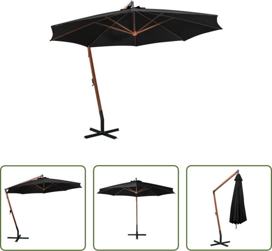 The Living Store Zweefparasol Hout 350 cm Zwart UV-bestendig polyester vurenhouten paal bamboe baleinen