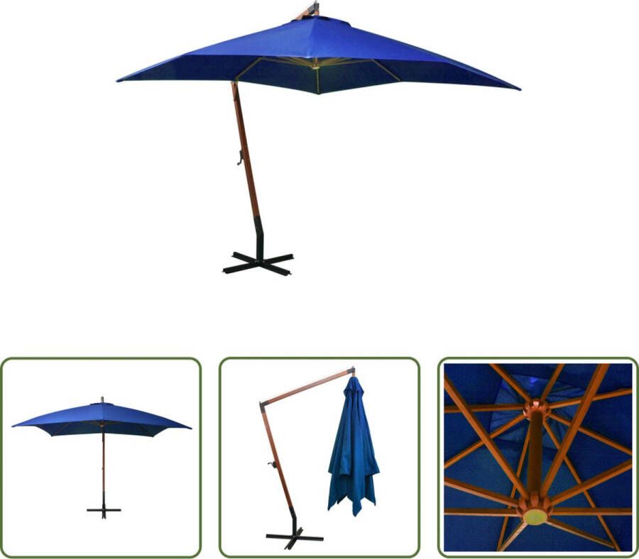 The Living Store Zweefparasol Hout Azuurblauw 300x300 cm Waterdicht en UV-bestendig