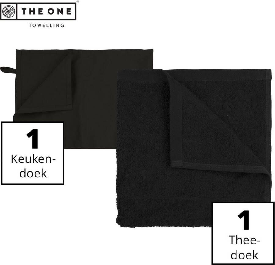 The One towelling Keukentextiel set 1 Handdoek & 1 Theedoek Voordeelverpakking 50 x 50 cm 50 x 70 cm Katoen 2-Delig Zwart