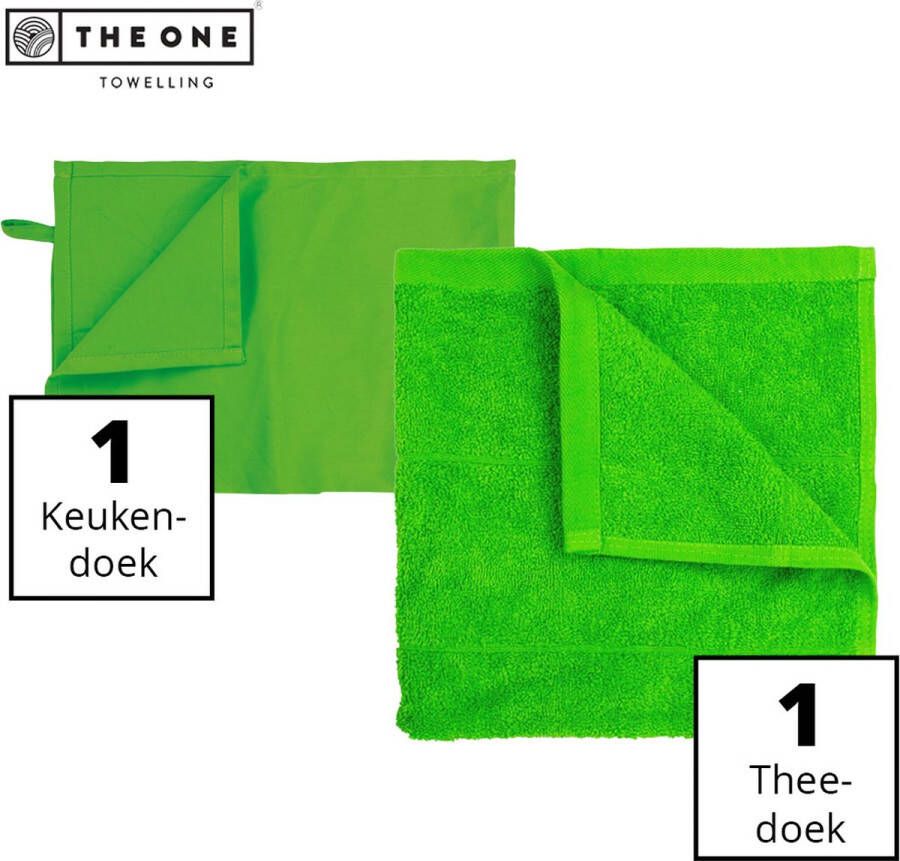 The One towelling Keukentextiel set 1 Handdoek & 1 Theedoek Voordeelverpakking 50 x 50 cm 50 x 70 cm Katoen 2-Delig Limoengroen