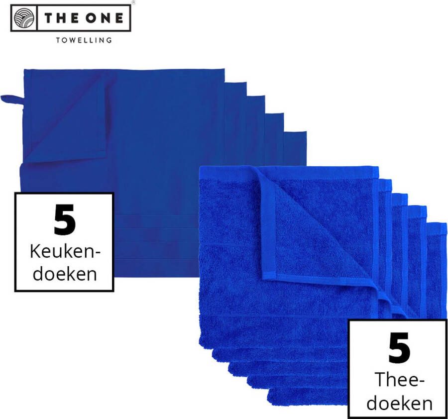 The One towelling Keukentextiel set 5 Handdoeken & 5 Theedoeken Voordeelverpakking 50 x 50 cm 50 x 70 cm Katoen 10-Delig Koningsblauw