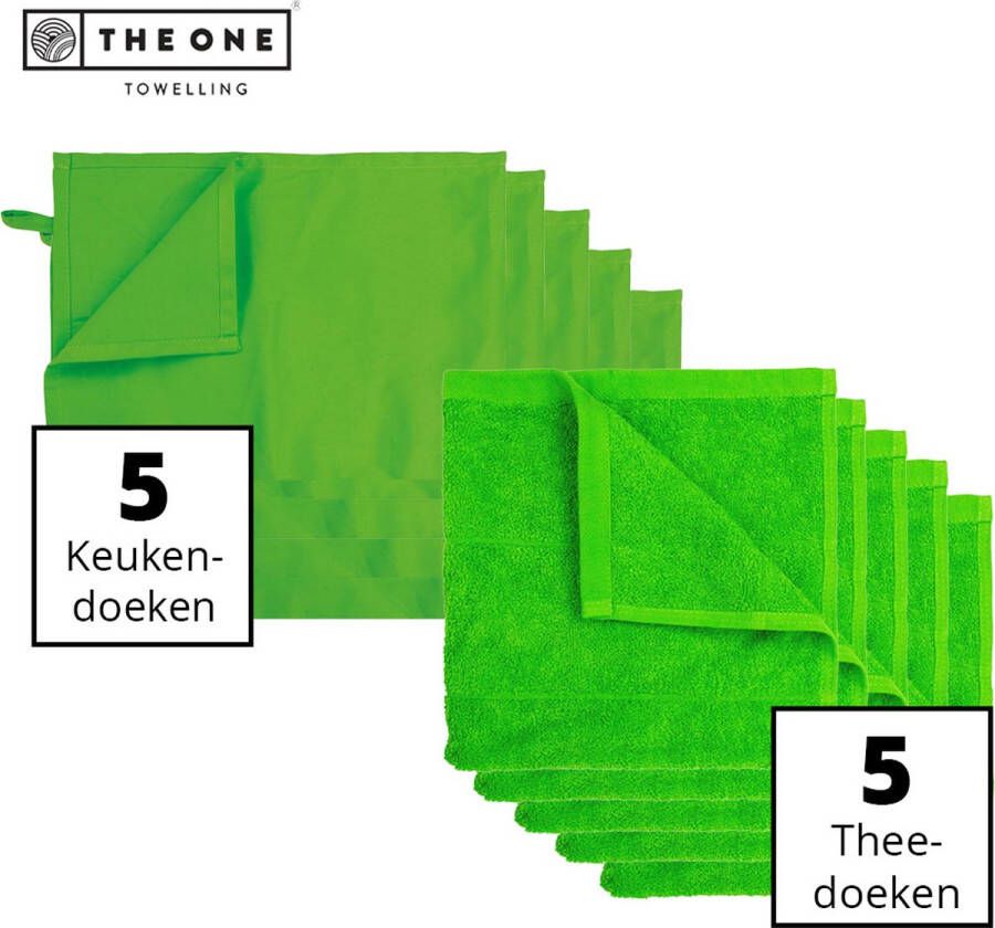 The One towelling Keukentextiel set 5 Handdoeken & 5 Theedoeken Voordeelverpakking 50 x 50 cm 50 x 70 cm Katoen 10-Delig Limoengroen