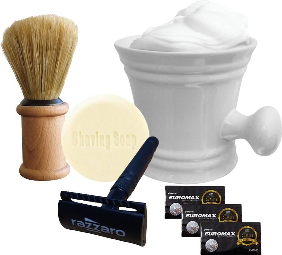 The Shave Factory Scheerset Wit Safety Razor 3 Pakjes Euromax Scheermesjes Scheerborstel Shaving Mug Shaving Soap