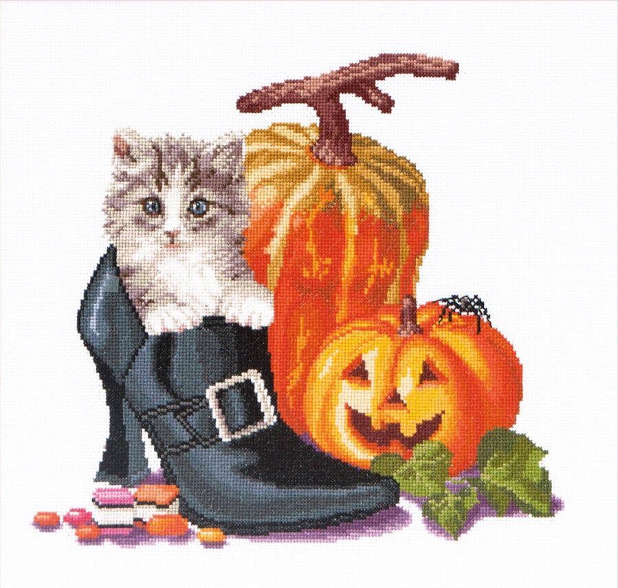 Thea Gouverneur Borduurpakket Halloween Kitten 738A DMC garen Borduren voor volwassenen Aida
