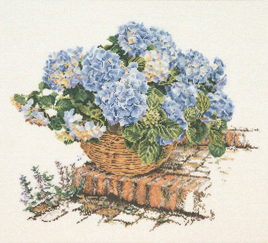 Thea Gouverneur Borduurpakket met telpatroon 2046 Voorgesorteerde DMC Garens Blauwe Hortensia Linnen 44 cm x 39 cm DIY Kit