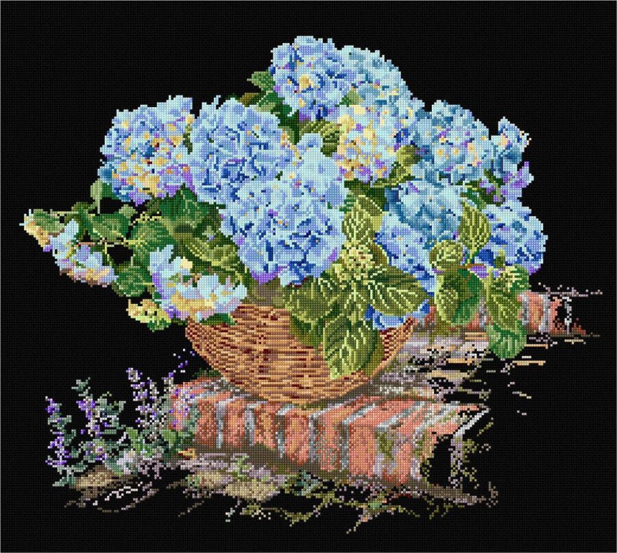 Thea Gouverneur Borduurpakket met telpatroon 2046.05 Voorgesorteerde DMC Garens Blauwe Hortensia Zwart Aida 37 cm x 33 cm DIY Kit