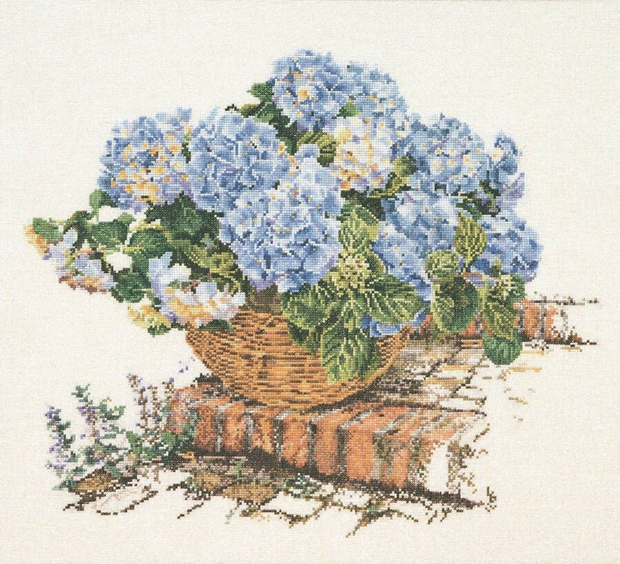 Thea Gouverneur Borduurpakket met telpatroon 2046A Voorgesorteerde DMC Garens Blauwe Hortensia Aida 44 cm x 39 cm DIY Kit