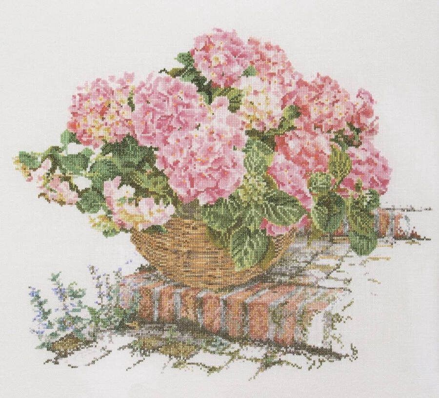 Thea Gouverneur Borduurpakket met telpatroon 2047 Voorgesorteerde DMC Garens Roze Hortensia Linnen 44 cm x 39 cm DIY Kit