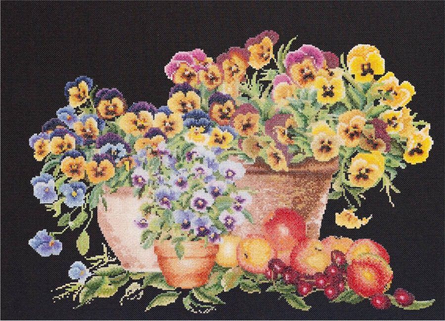 Thea Gouverneur Borduurpakket met telpatroon 2083.05 Voorgesorteerde DMC Garens Viooltjes Zwart Aida 34 cm x 42 cm DIY Kit DIY Kit