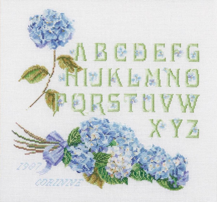 Thea Gouverneur Borduurpakket met telpatroon 2088 Voorgesorteerde DMC Garens Hortensia Alfabet Linnen 34 cm x 36 cm DIY Kit