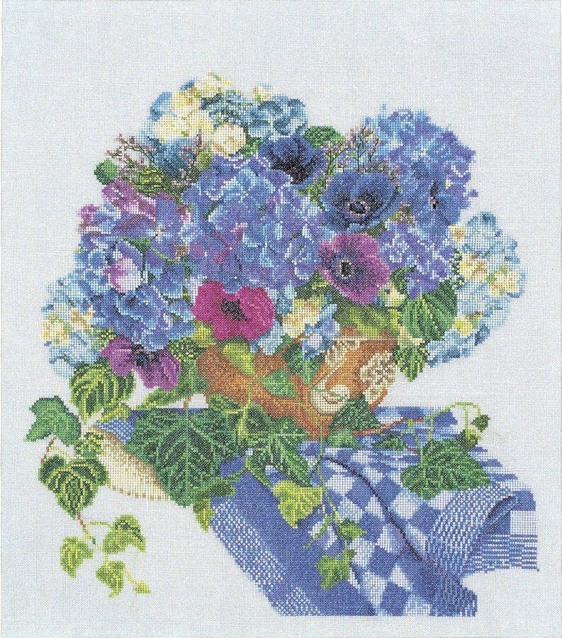 Thea Gouverneur Borduurpakket met telpatroon 3025A Voorgesorteerde DMC Garens Hortensia Anemonen Aida 37 cm x 42 cm DIY Kit