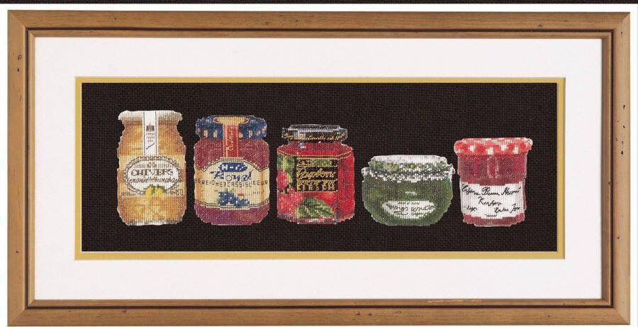 Thea Gouverneur Borduurpakket met telpatroon 3047.05 Voorgesorteerde DMC Garens Jampotjes Zwart Aida 12 cm x 35 cm DIY Kit