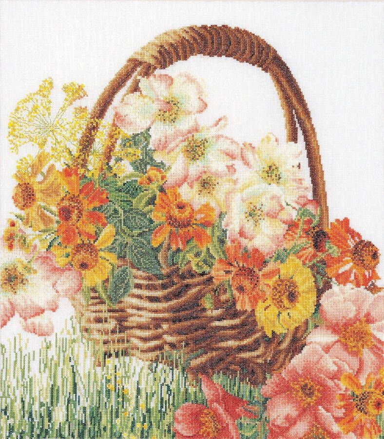 Thea Gouverneur Borduurpakket met telpatroon 3064A Voorgesorteerde DMC Garens Bloemenmand Aida 35 cm x 39 cm DIY Kit