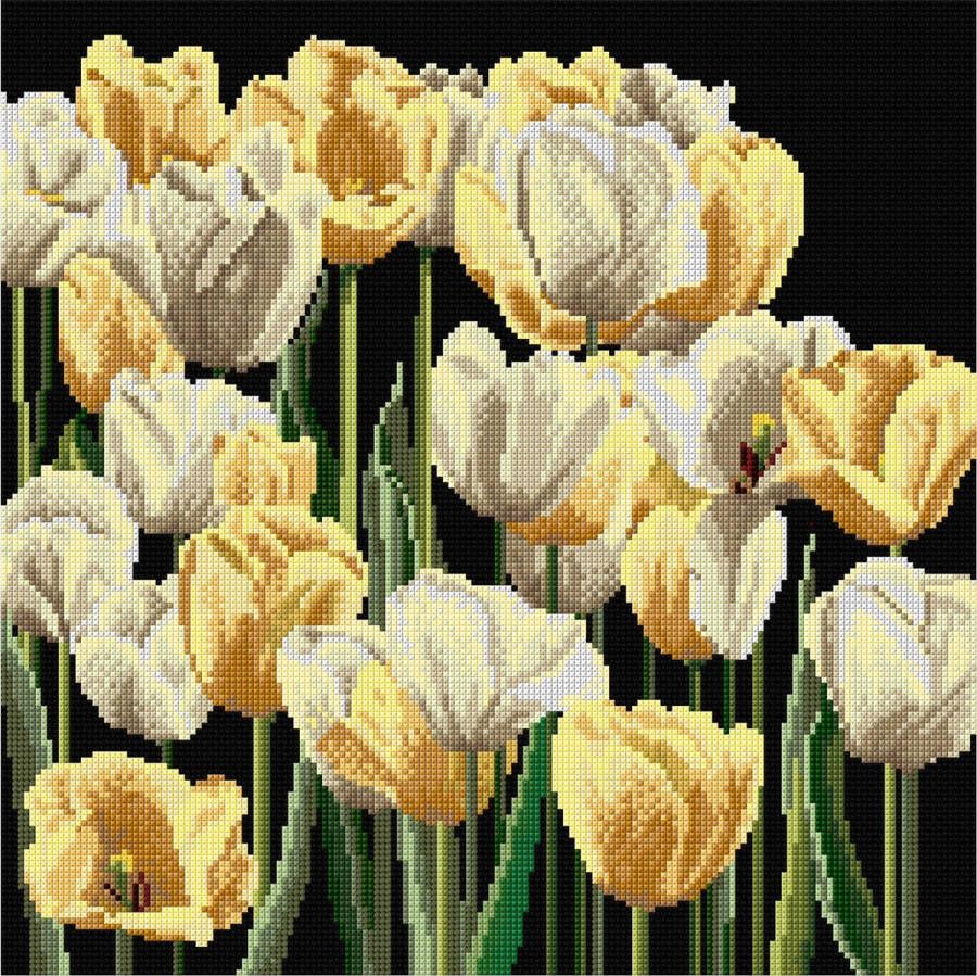 Thea Gouverneur Borduurpakket met telpatroon 3065.05 Voorgesorteerde DMC Garens Tulpen Zwart Aida 24 cm x 24 cm DIY Kit