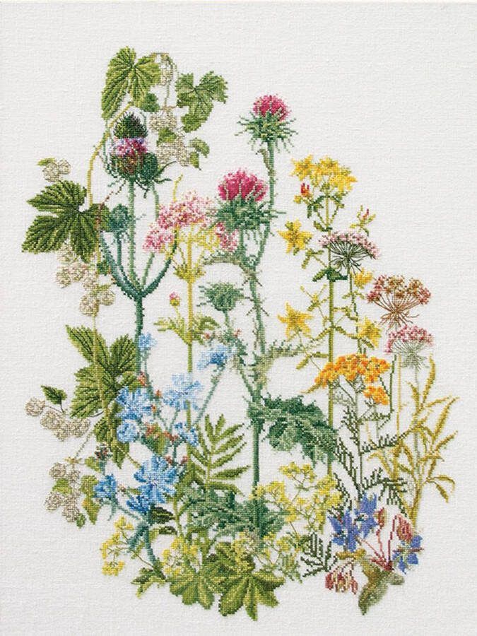 Thea Gouverneur Borduurpakket met telpatroon 424 Voorgesorteerde DMC Garens Wilde kruiden Linnen 35 cm x 46 cm DIY Kit