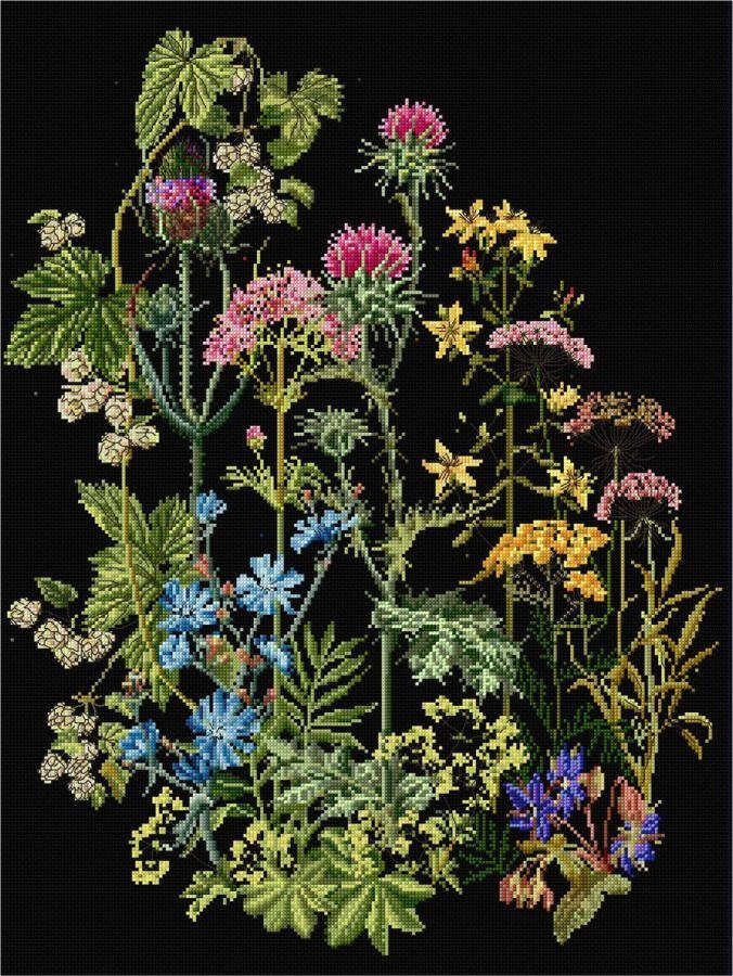 Thea Gouverneur Borduurpakket met telpatroon 424.05 Voorgesorteerde DMC Garens Wilde kruiden Zwart Aida 35 cm x 46 cm DIY Kit