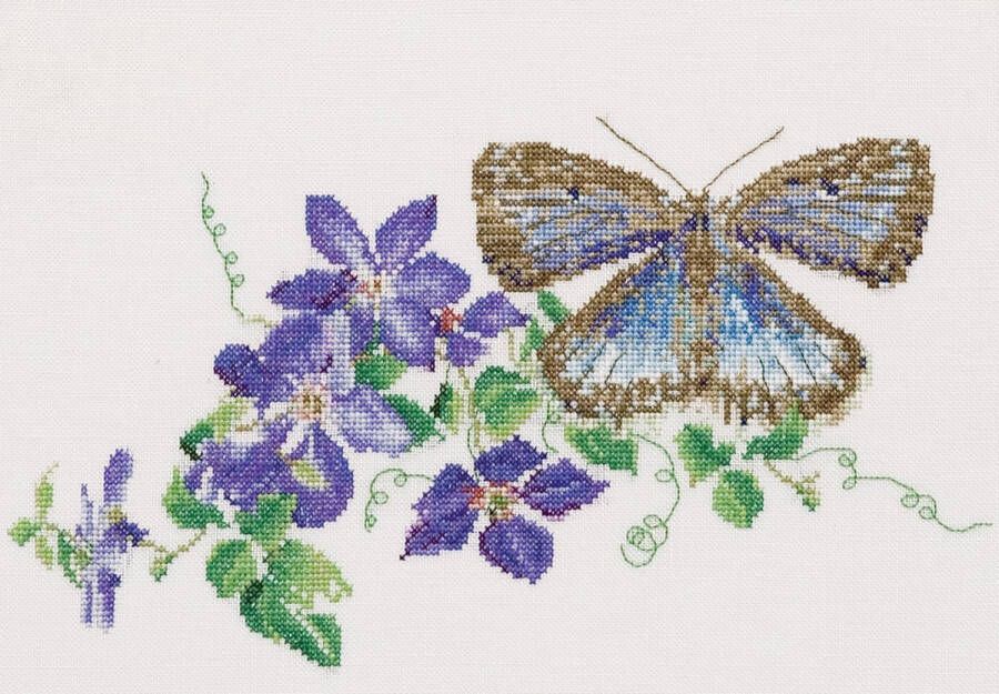 Thea Gouverneur Borduurpakket met telpatroon 438 Voorgesorteerde DMC Garens Vlinder Blauwe Clematis Linnen 29 cm x 18 cm DIY Kit