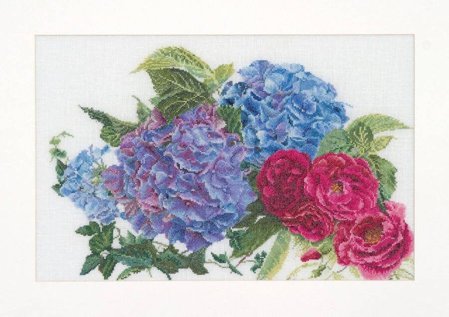 Thea Gouverneur Borduurpakket met telpatroon 442 Voorgesorteerde DMC Garens Hortensia & Roos Linnen 46 cm x 30 cm DIY Kit