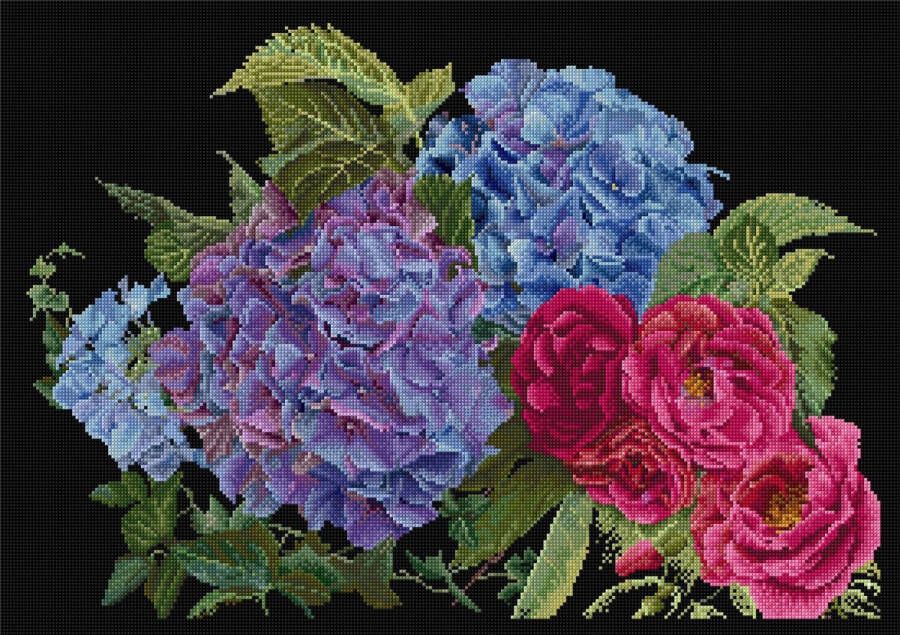 Thea Gouverneur Borduurpakket met telpatroon 442.05 Voorgesorteerde DMC Garens Hortensia & Roos Zwart Aida 39 cm x 25 cm DIY Kit