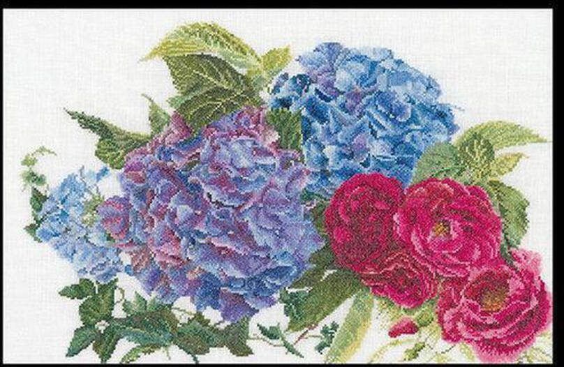 Thea Gouverneur Borduurpakket met telpatroon 442A Voorgesorteerde DMC Garens Hortensia & Roos Aida 46 cm x 30 cm DIY Kit