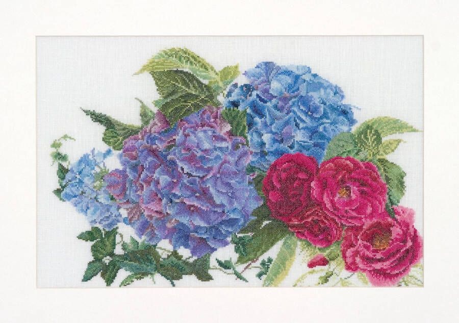 Thea Gouverneur Borduurpakket met telpatroon 442A Voorgesorteerde DMC Garens Hortensia & Roos Aida 46 cm x 30 cm DIY Kit